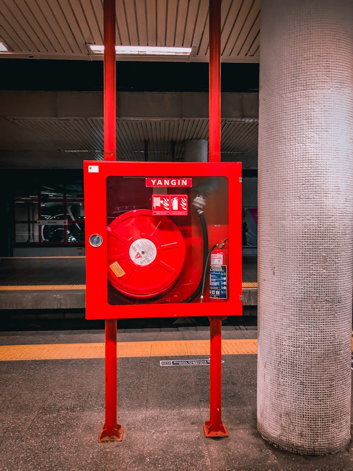 Vibrant red fire hose reel stationed in an empty subway platform for safety preparedness.
