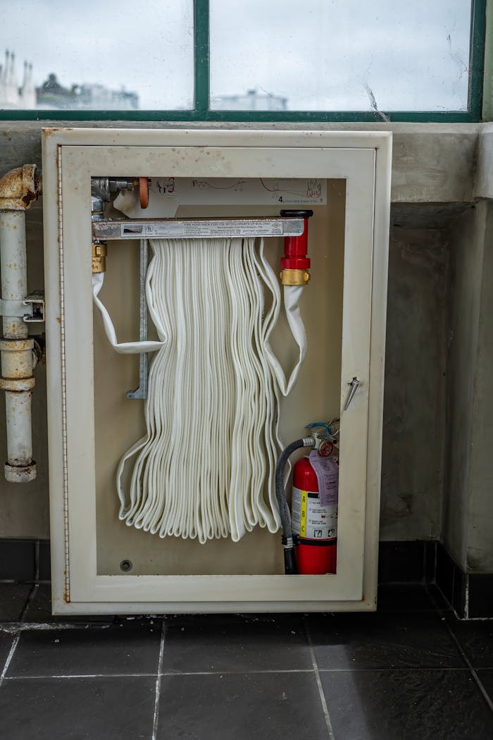 A fire safety cabinet with hose and extinguisher inside a building interior.