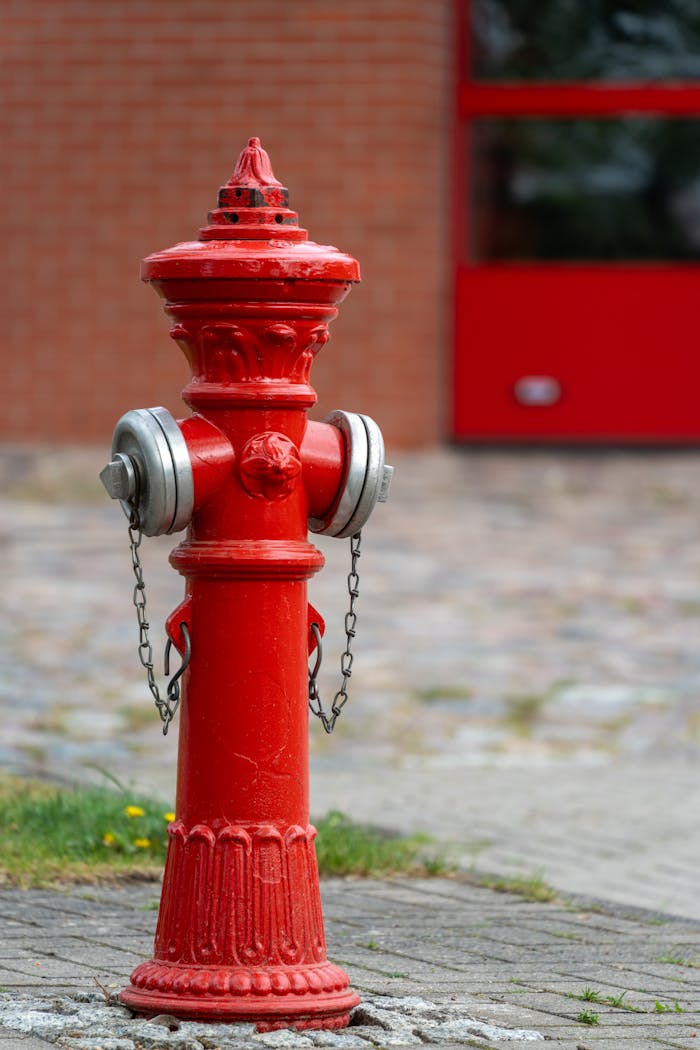 Bright red fire hydrant standing on a city street corner, ready for emergency use.