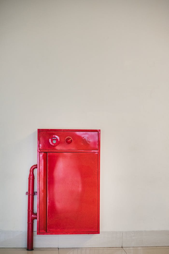 A red fire safety box on a white wall, perfect for design and safety concepts.